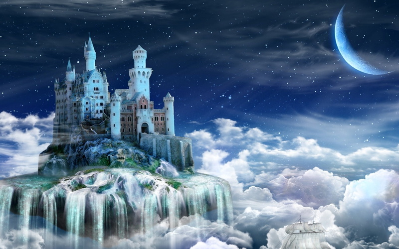 Stars, Castle, Floating Island, Star, Moon, Cloud, Fantasy, Castles, 1080P