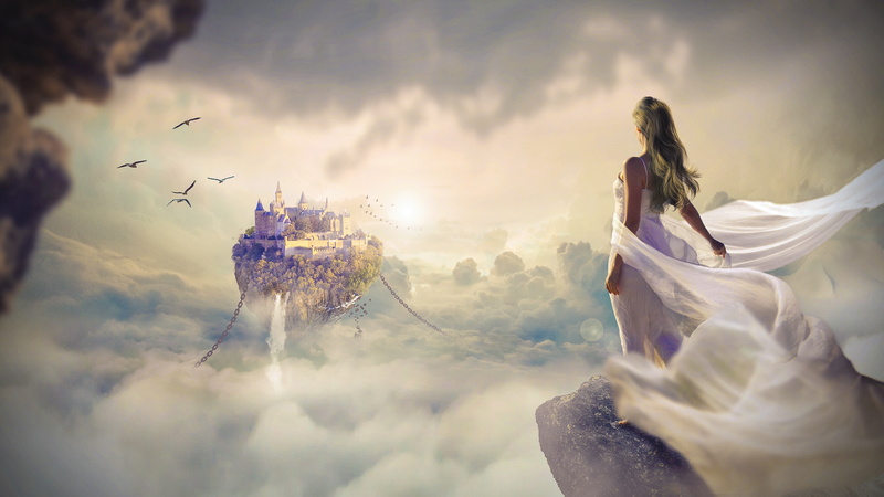 women, floating island, wedding dress, adult, Fantasy, digital composite, event, motion, positive emotion, bride, wedding, waterfall, day, woman, clouds