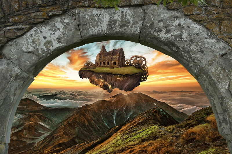 no people, rock - object, levitating island, 5K, orange color, wall, illustration, flying castle, fantasy, magic, panoramic, tranquil scene, ancient castle