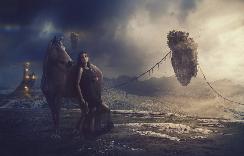 mountains, fantasy art, chain, structure, clouds, floating island, horse, space, light, castle, chains, allegory, girl, grass, buildings, 1080P, clearance