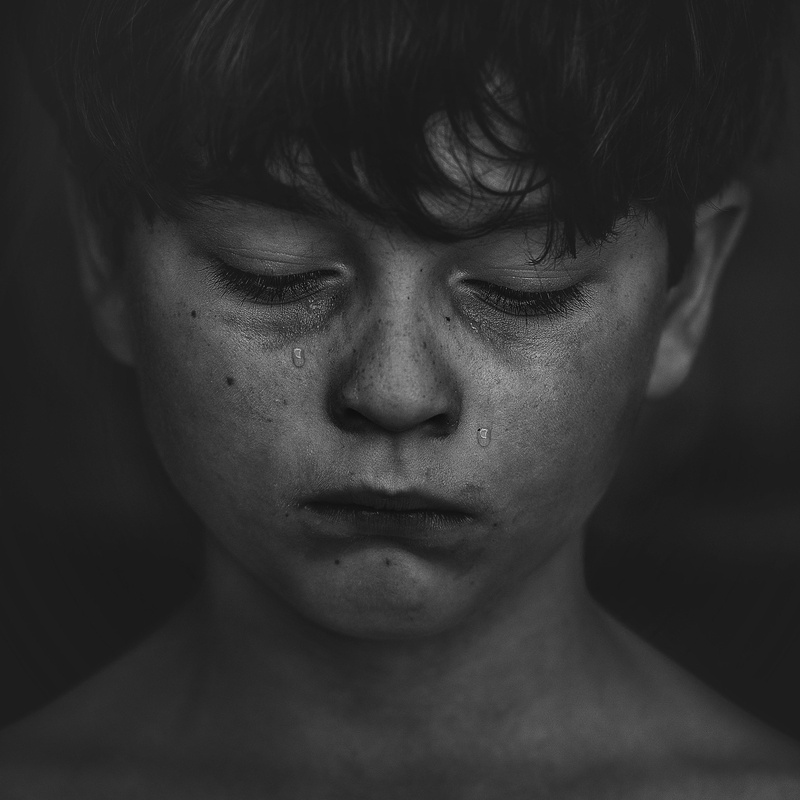 human body part, crying, boys, portrait, child, headshot, black, serious, grayscale, body part, person, males, black background, studio shot, eyes closed