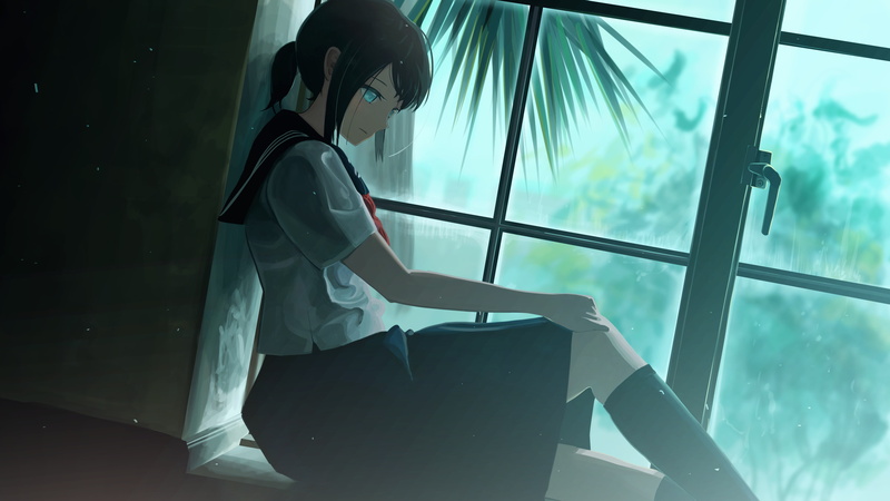 anime school girl, 4K, Anime, window, sits, profile view