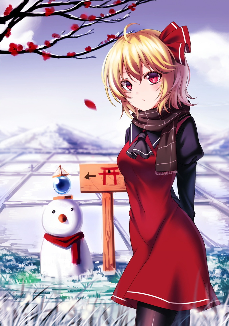 smiling, holiday, blonde, hair, Rumia, Inter, celebration, Touhou, sky, blond hair, nature, portrait, adult, red, beautiful woman, anime girls, beauty