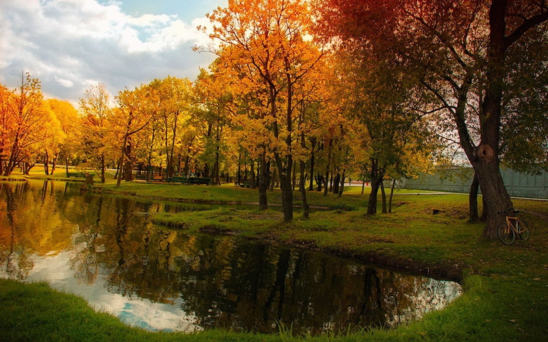 russia, fall, trees, bicycles, landscape, nature, reflection, ponds, 1080P, 1920x1200