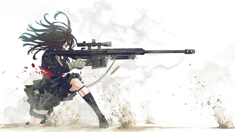 outdoors, nature, Anime, profile view, machine gun, gun, bullets, sport, anime sniper girl, one person, uniform, clothing, military, 4K, rifle, water