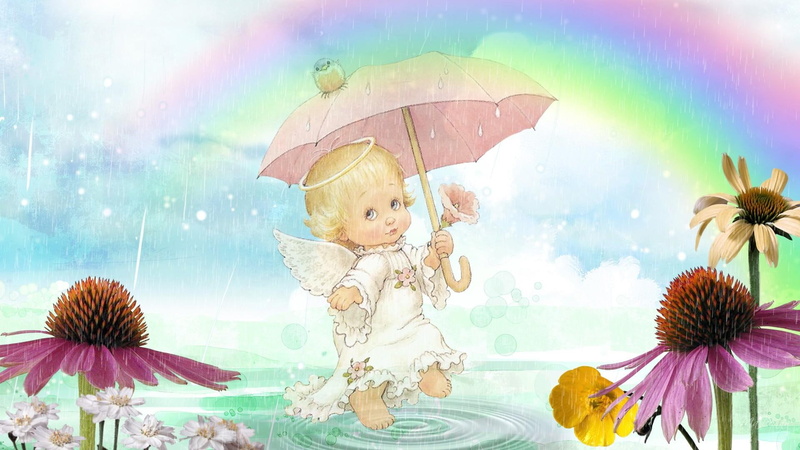 firefox persona, 3d and abstract, puddle, 1080P, april, cute, rainbow, angel, umbrella, bird, showers, flowers, rain