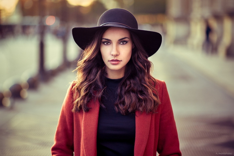 long hair, beauty, warm clothing, standing, adult, depth of field, hairstyle, red coat, front view, women, young adult, brunette, real people, focus on foreground