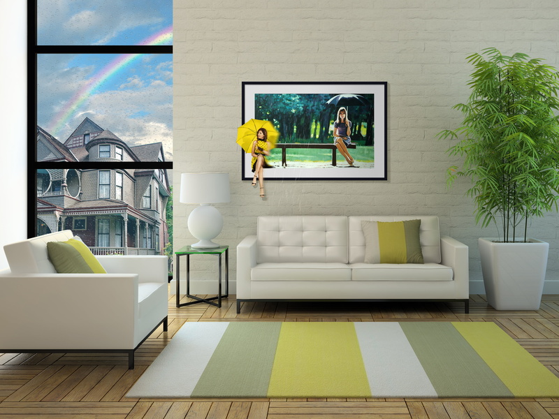 4K, rain, picture frames, rainbows, window, living rooms, umbrella, carpet