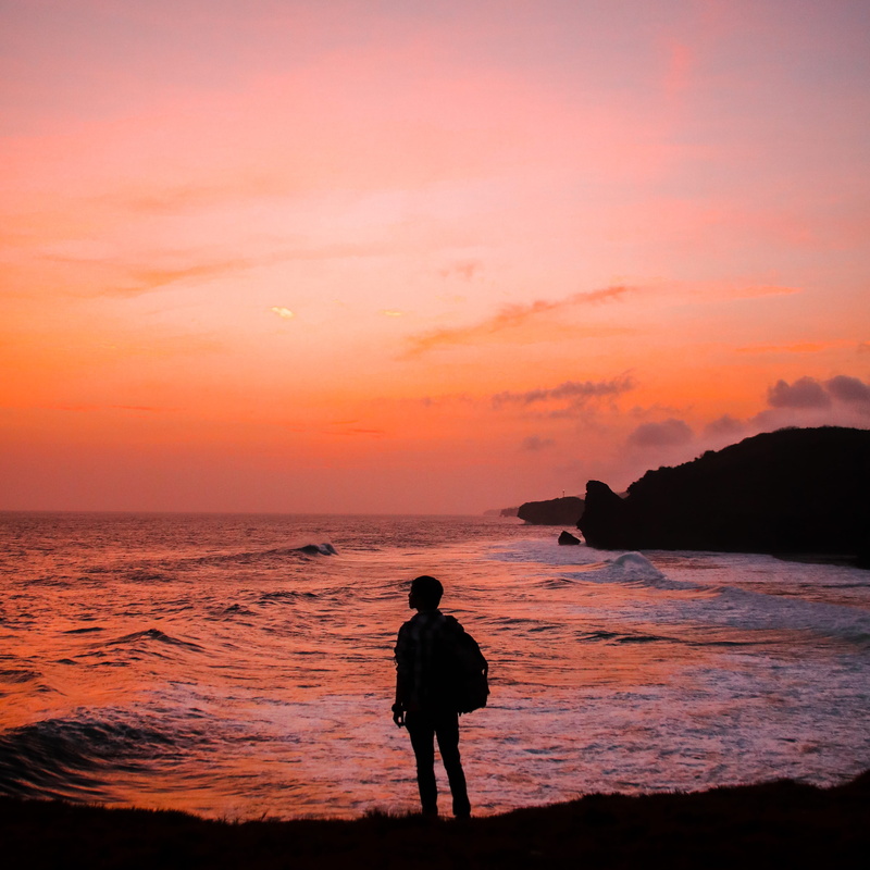 sunset, water, daydream, sunshine, beach, orange, Cotton candy, tranquil scene, ocean, golden, hour, man, bags, scenics - nature, rear view, horizon, scenery