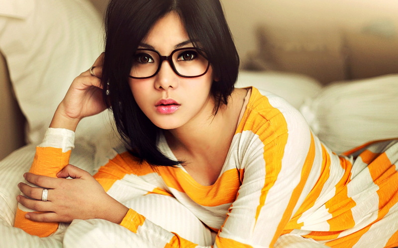 shirt, young women, beauty, headshot, adult, beige, women, portrait, indoors, long hair, 1080P, eyeglasses, young adult, one person, hair, striped clothing