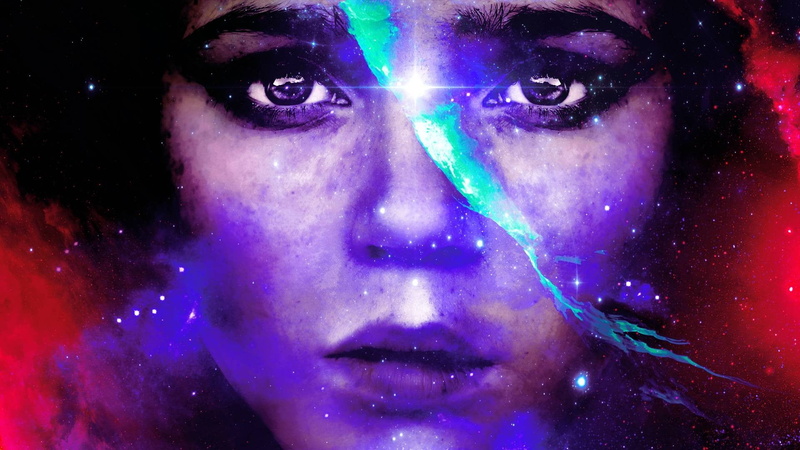 dark, contemplation, front view, serious, human body part, astronomy, glowing, studio shot, headshot, adult, looking at camera, face, body paint, digital