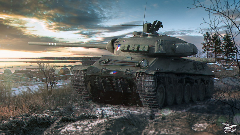 river, Skoda, World of Tanks, 1080P, grey, shore, snow, continues, twilight, average, army, Czechoslovakia, TVP T 50/51, tank