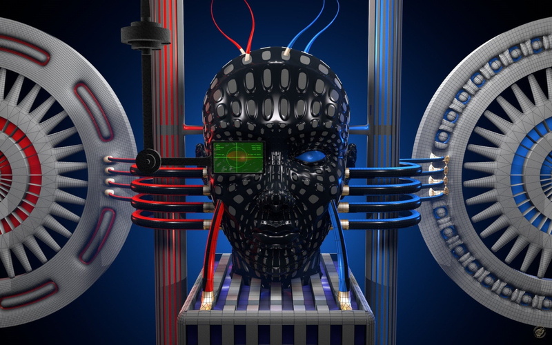 render, one person, metal, blue, shape, portrait, futuristic, equipment, connection, pattern, industry, art and craft, 1080P, close-up, face, cable, indoors