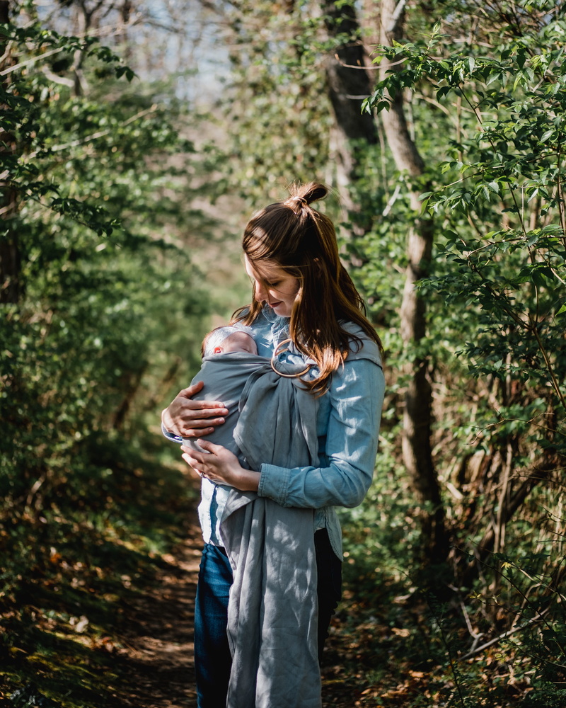 near, hair, women, casual clothing, outdoor, mom and baby, forest, sleeping newborn, person, tree, growth, baby, daytime, standing, trees, untitled, woodland