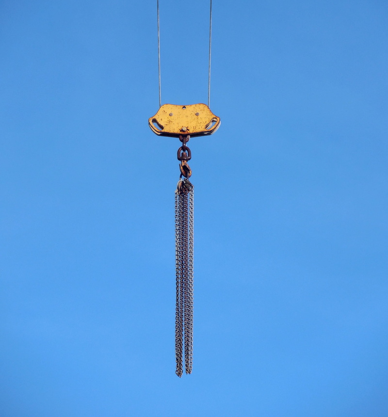 directly below, lifting crane, machinery, chains, construction industry, blue, hook, sunny, work tool, low angle view, raise, copy space, sky, crane system