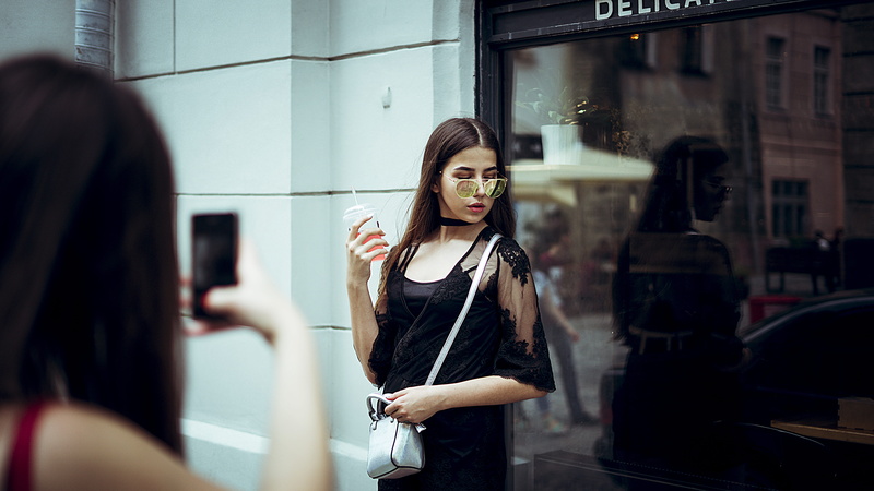 style, people, window, long hair, female, taking a photo, dress, youth, mirror, urban, young adult, shop, outdoors, woman, reflection, city, standing, hair