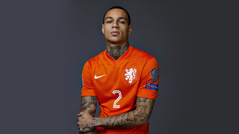 players, adult, mid adult, one person, tattoo, clothing, portrait, waist up, sport, Gregory van der Wiel, men, 2K, sportsman, standing, orange color, front view