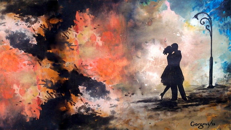city, textured effect, painting, woman, art and craft, dress, man, wall - building feature, one person, standing, kissing, night, young adult, mystery