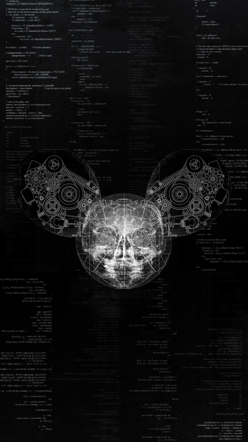 deadmau5, 1080P, helmet, x-rays, code, gears, skull