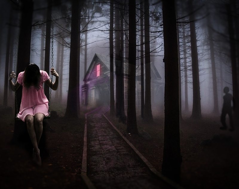 architecture, itsanaddiction, outdoors, trick, Photoshop, House, Manipulation, brown, Silhouette, leisure activity, wooden, Scary, Forest, Holidays, Girl