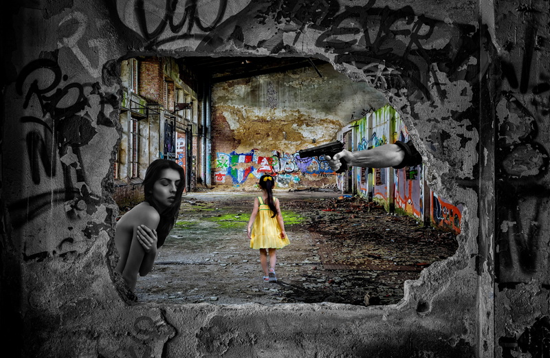 building exterior, past, architecture, silent, conflict, pistol, hatred, clothing, women, alone, fantasy, full length, woman, parents house, wall - building feature