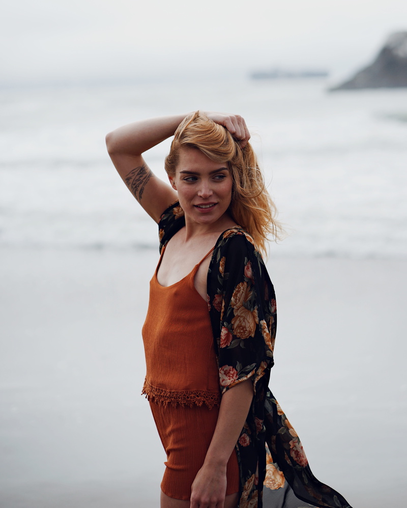 outdoors, image Type, people, spaghetti, brown, nature, woman, hair, long hair, body of water, beautiful woman, romper, only Women, adults Only, copy Space