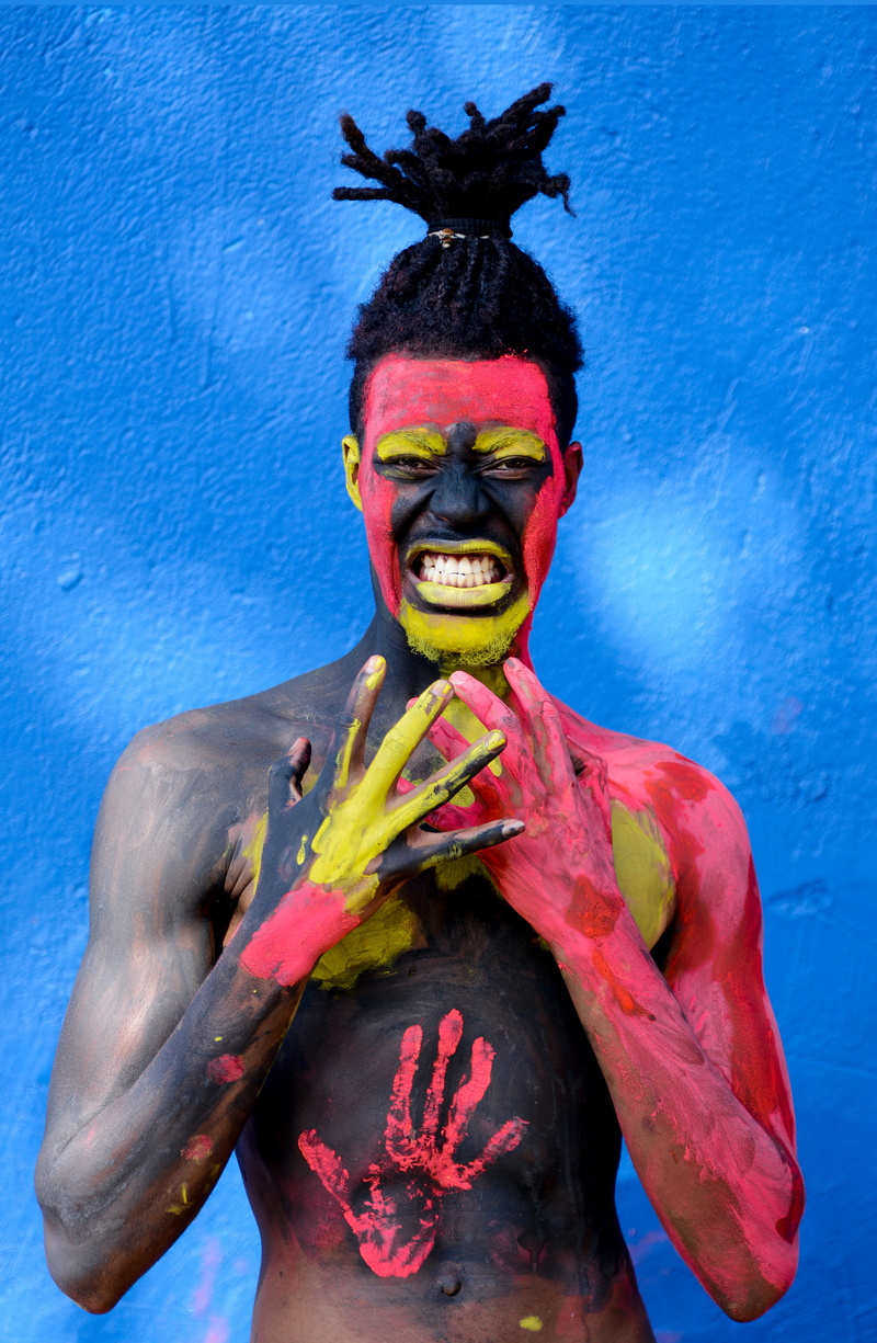 4K, portrait, art, shirtless, one person, sculpture, painting, human representation, celebration, yellow, red, paint, human body part, traditional, indoors