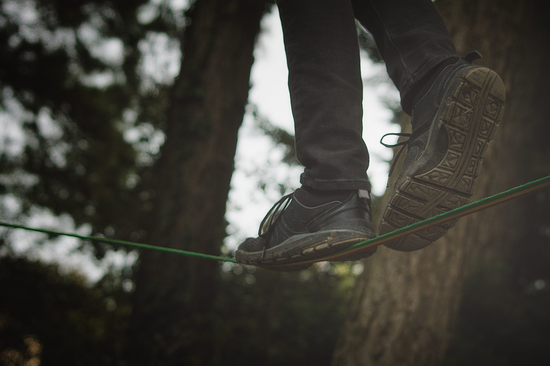 men, human foot, forest, slackline, tree, shoe, jeans, outdoors, focus on foreground, lifestyles, human limb, limb, human leg, real people, human body part