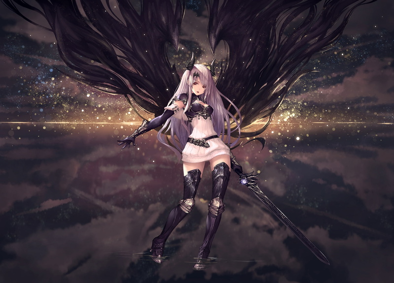hair, adult, digital composite, night, white hair, technology, laser, demon, black sword, full length, women, illuminated, young women, front view, gloves