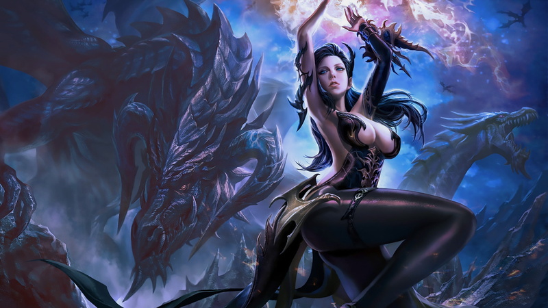 horns, magic, mythical creatures, girl, the sky is on fire, legends, 2K, строная брюнетка, зубастая пасть, огромный дракон