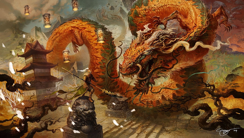 sculpture, cloudy sky, Magic the Gathering, horns, stage, scales, huge, warrior, Chinese dragon, battle, gold, art, armor, lights, the fight, 1080P, dragon