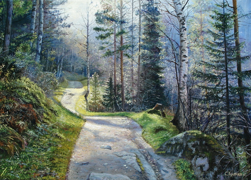 trees, painting, tree, direction, morning in the forest, footpath, canvas, beauty in nature, trail, tranquility, tranquil scene, forest, non-urban scene