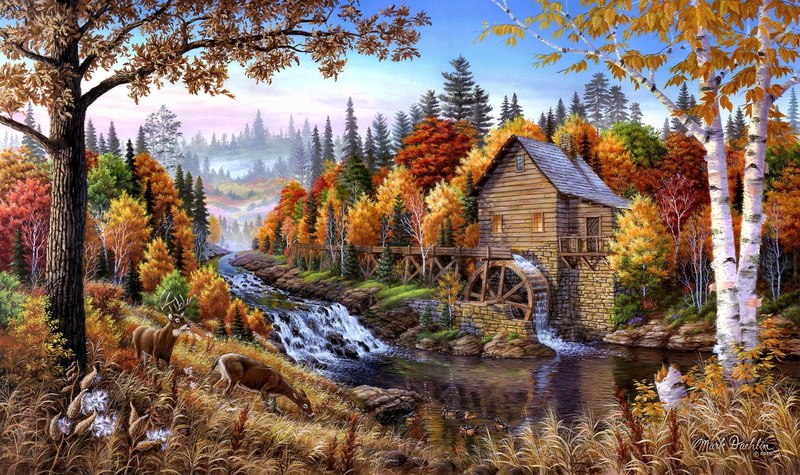 water, watermills, forest, autumn collection, outdoors, lake, traditional art, no people, painting, nature, reflection, flowing water, scenics - nature