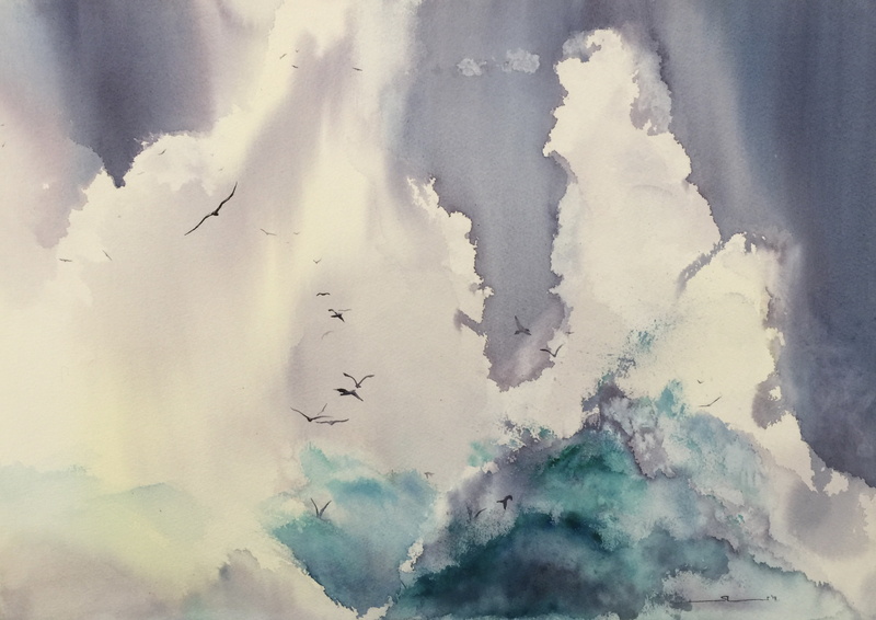 winter, sky, tranquility, birds, water, nature, day, beauty in nature, environment, splashes, white, tranquil scene, clouds, artwork, cold temperature