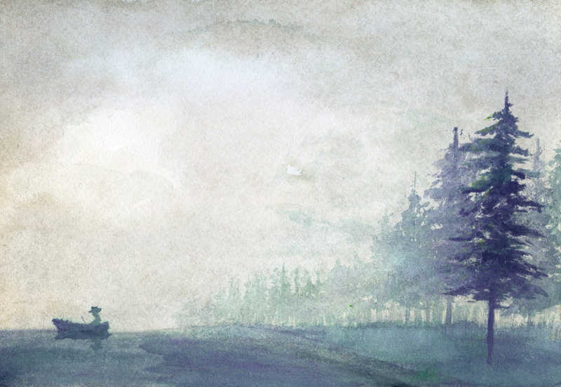 snow, lake, artwork, painting, mist, 2K, trees, traditional art