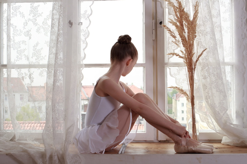 ballet, contemplation, girl, looking, child, window, 1080P, exercise, hair, yoga, curtain, lifestyles, young, day, balance, pavement, home interior, beautiful woman