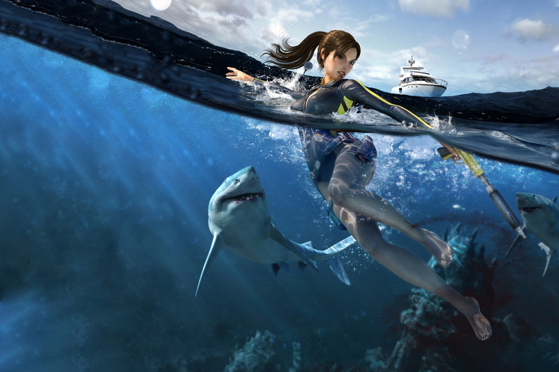fish, lara croft, digital, nautical Vessel, woman, females, caucasian Ethnicity, hunting, one Person, action, extreme Sports, fun, men, water Sport, sport