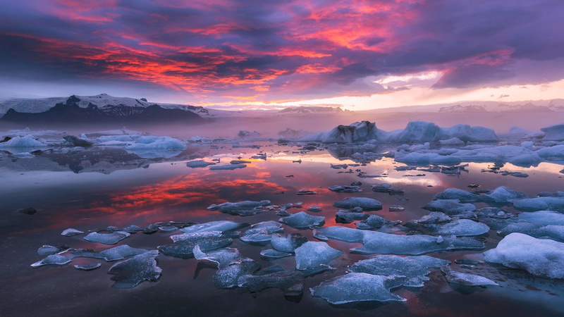 ocean, reflection, iceland, sea, national park, atmosphere, 1080P, arctic, sky, horizon, shore, purple sky, pink sky, vatnajokull