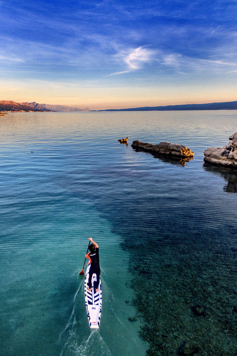 adriatic, leisure activity, rear view, sunset, evening, male, sea, board, tranquil scene, ocean, stand up paddling, waterfront, aerial, scenics - nature