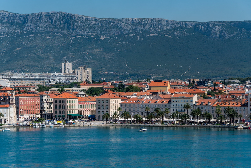 mountain, architecture, travel, near, split, europe, land, body, house, colorful, tourism, adriatic, red, sky, nature, waterfront, building, landscape