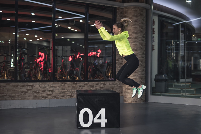 urban, adult, exercise, blonde, sport, sports wear, real people, fit, sports clothing, clothing, gym, full length, jumping, woman, female, one person, healthy lifestyle