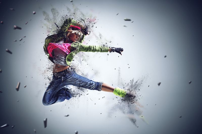 model, person, full length, woman, female, human, real people, break-dance, performance, freedom, motion, casual clothing, photo art, indoors, mid-air