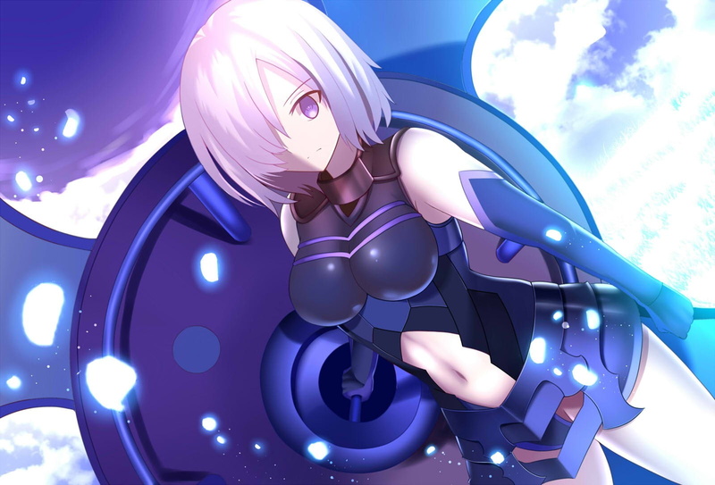clouds, sky, armor, short hair, Fate Series, violet eyes, gloves, Shielder (FateGrand Order), grass, bodysuit, 720P, navels, white hair, tight clothing