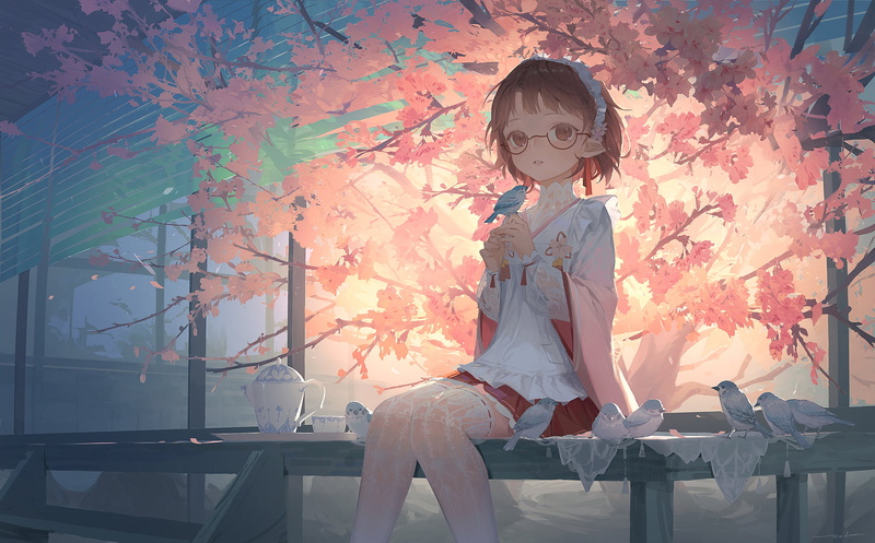 tea party, brown eyes, maid, birds, anime, glasses, 1080P, sakura (tree), dress, elf ears, brunette, short hair, tights, anime girls, looking at viewer