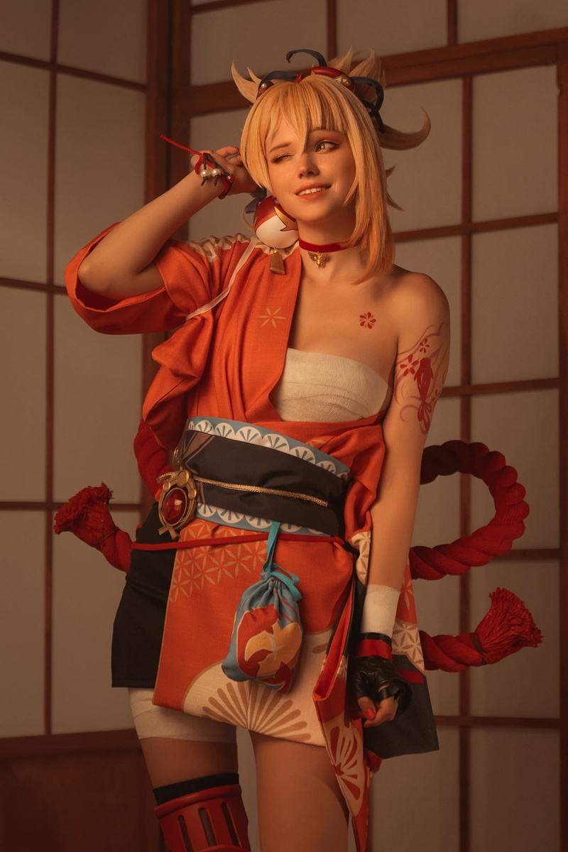 1080P, kimono, sarashi, Yoimiya (Genshin Impact), red clothing, video game characters, women, video games, blonde, indoors, Shirogane Sama, Genshin Impact