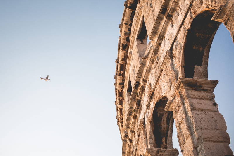 flying, no people, travel Destinations, pula, monument, sky, architecture, building exterior, croatia, day, travel, italy, 4K, airplane, transportation