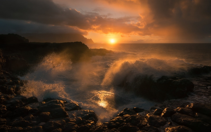 Dawn, Beautiful, Waves, Sunrise, 1080P, rock, golden, photo, Coast, near, mountain, hour, ocean, Sea