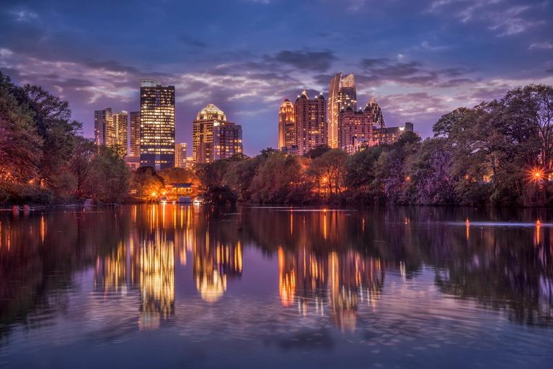 city, trees, Georgia, picture, Midtown, background, Piedmont, Atlanta, lights, park, 1080P, USA, river, Night