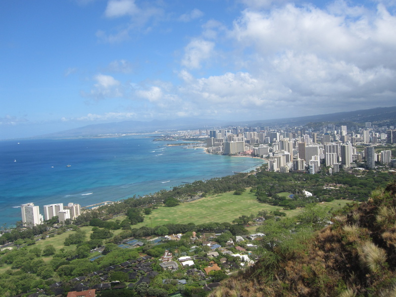 outdoors, day, built structure, high angle view, architecture, office building exterior, water, 4K, no people, skyscraper, hawaii, sky, cityscape, diamond head