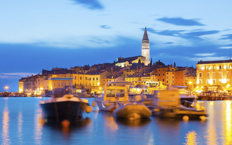 illuminated, water, nautical vessel, istra, travel destinations, building exterior, 2K, rovinj, transportation, city, mode of transportation, adria, outdoors